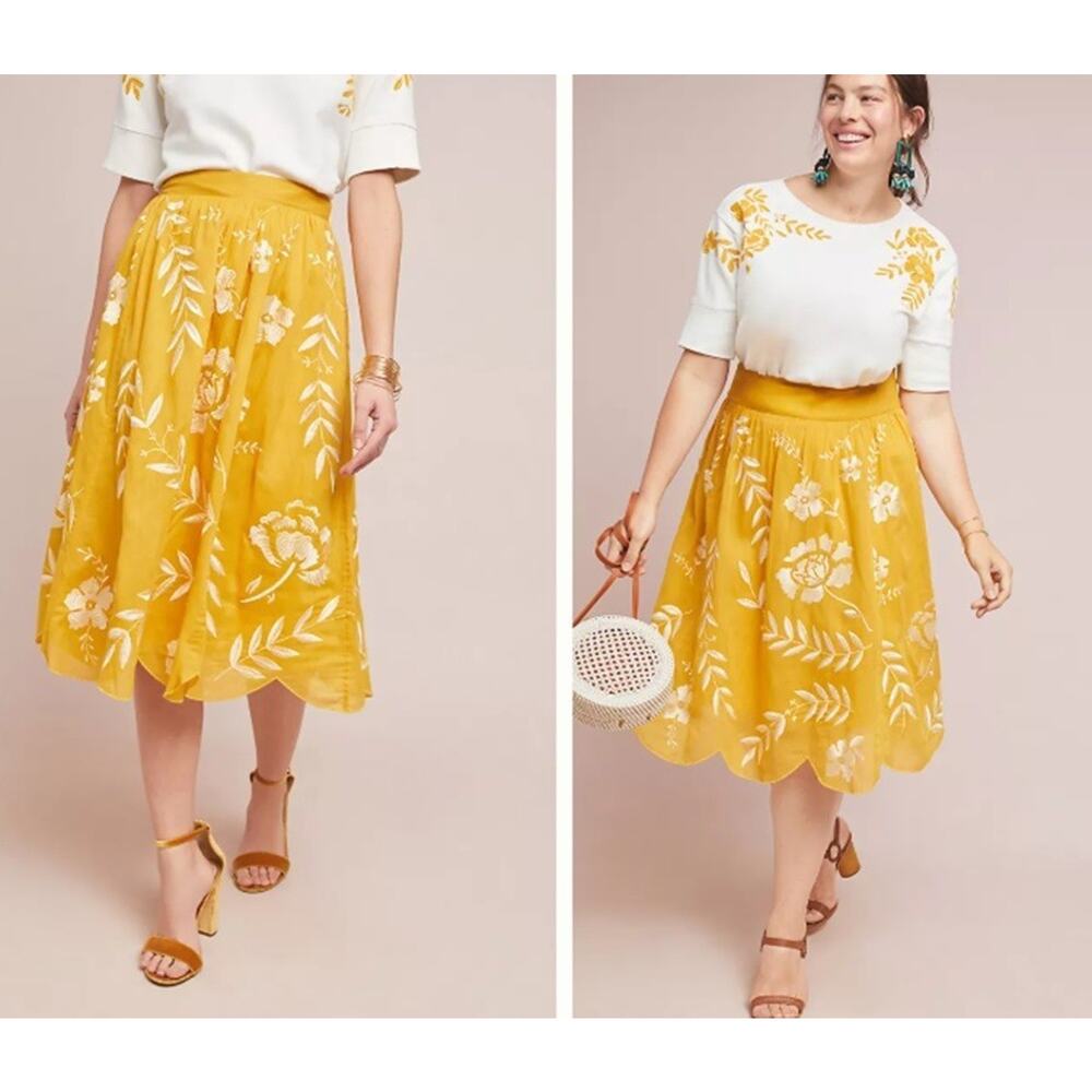 Anthropologie Maeve Women's Vineland Embroidered Midi Skirt Gold/White Sz S